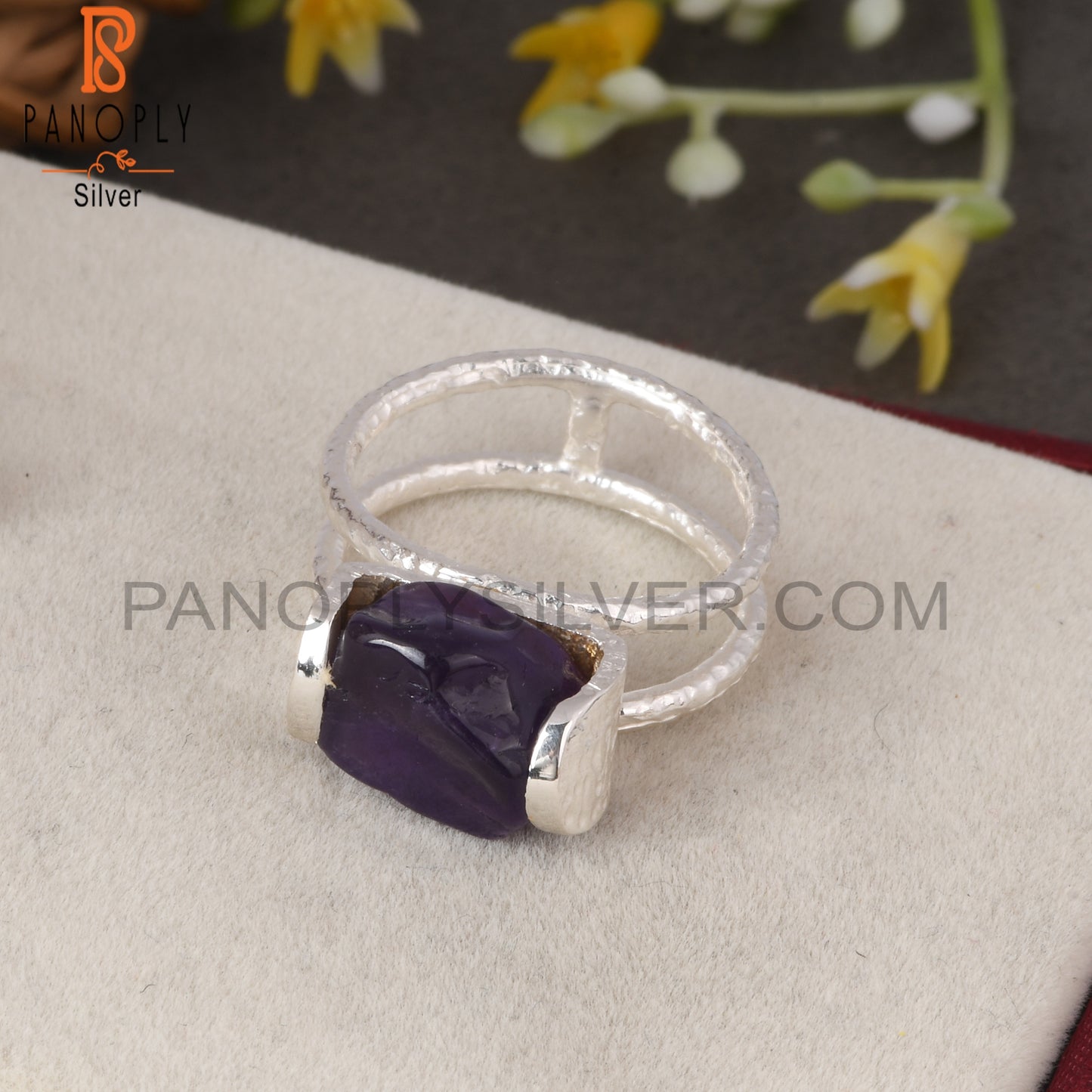 Two Band Amethyst Rough 925 Sterling Silver Ring