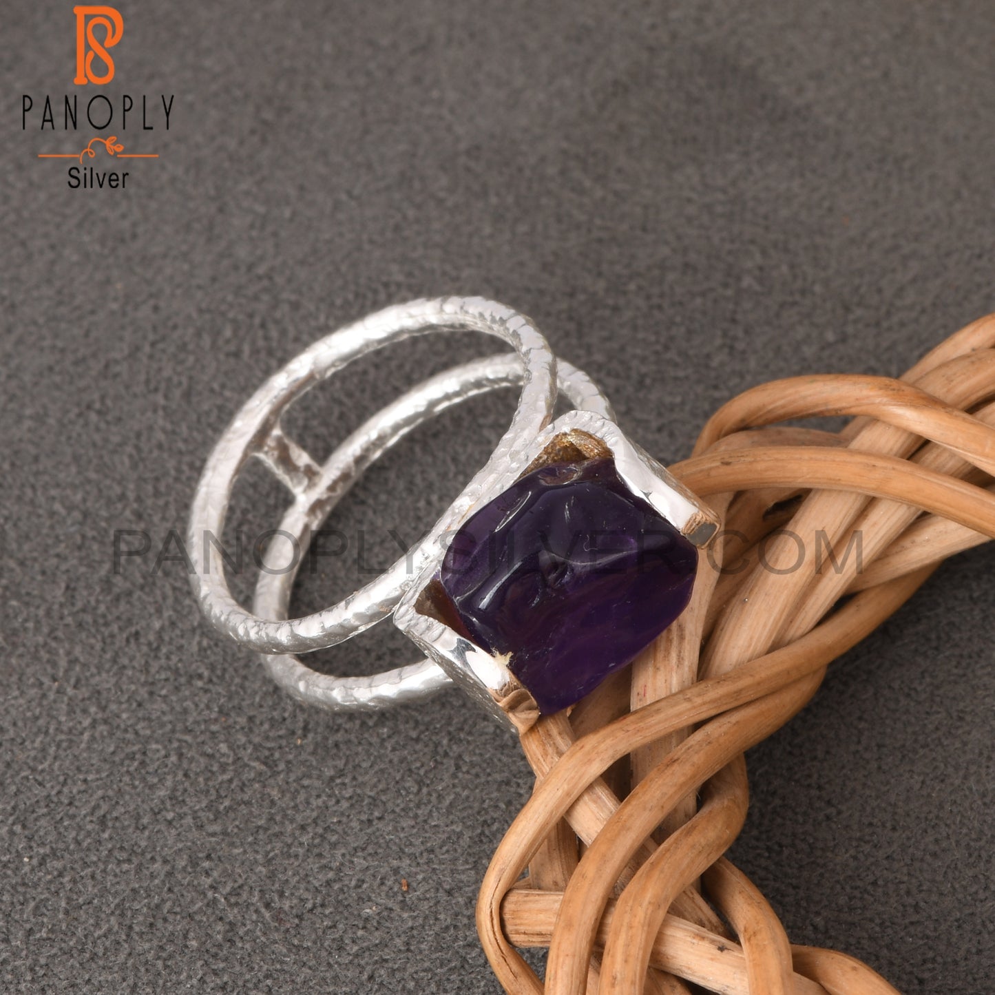 Two Band Amethyst Rough 925 Sterling Silver Ring