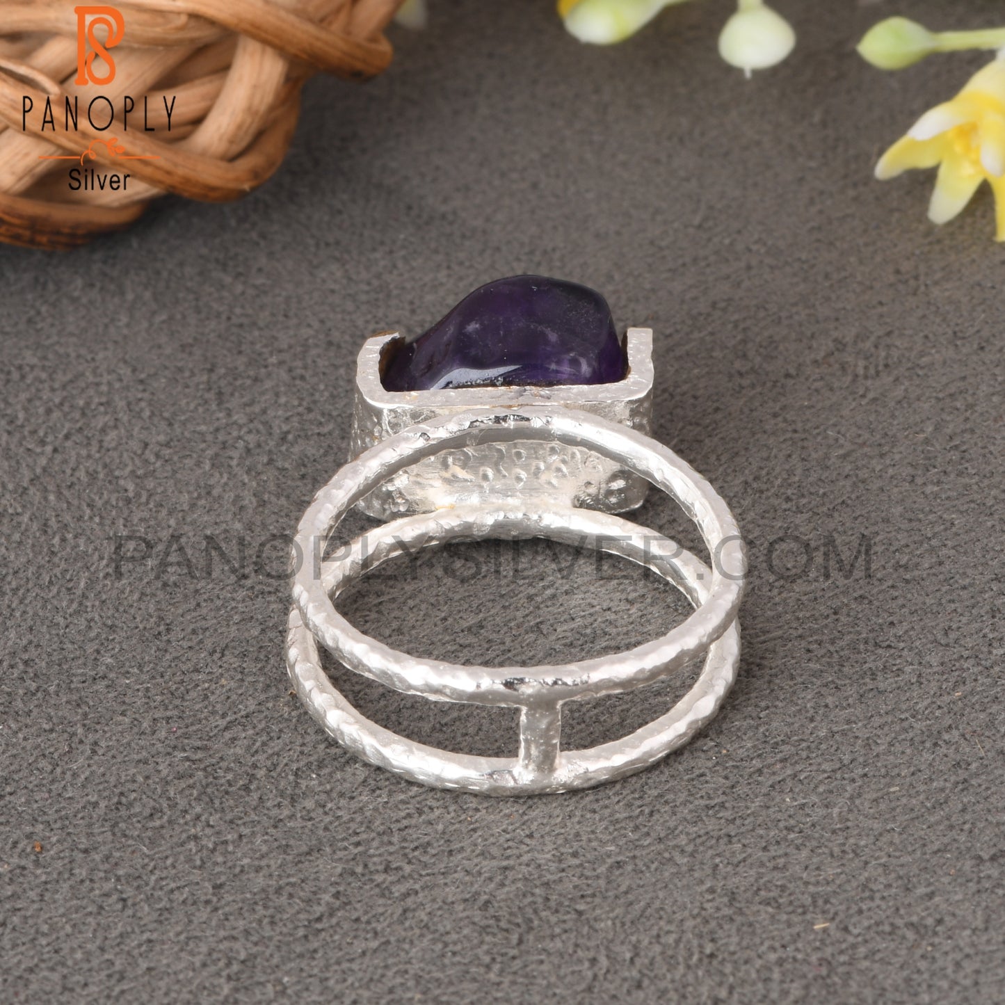 Two Band Amethyst Rough 925 Sterling Silver Ring