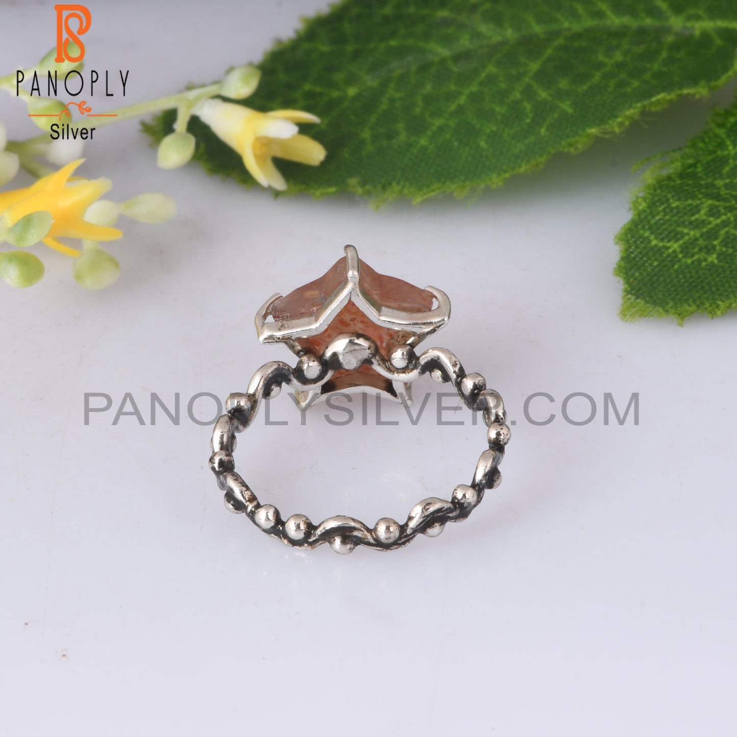 Sunstone Star Shape 925 Sterling Silver Twist Band Ring