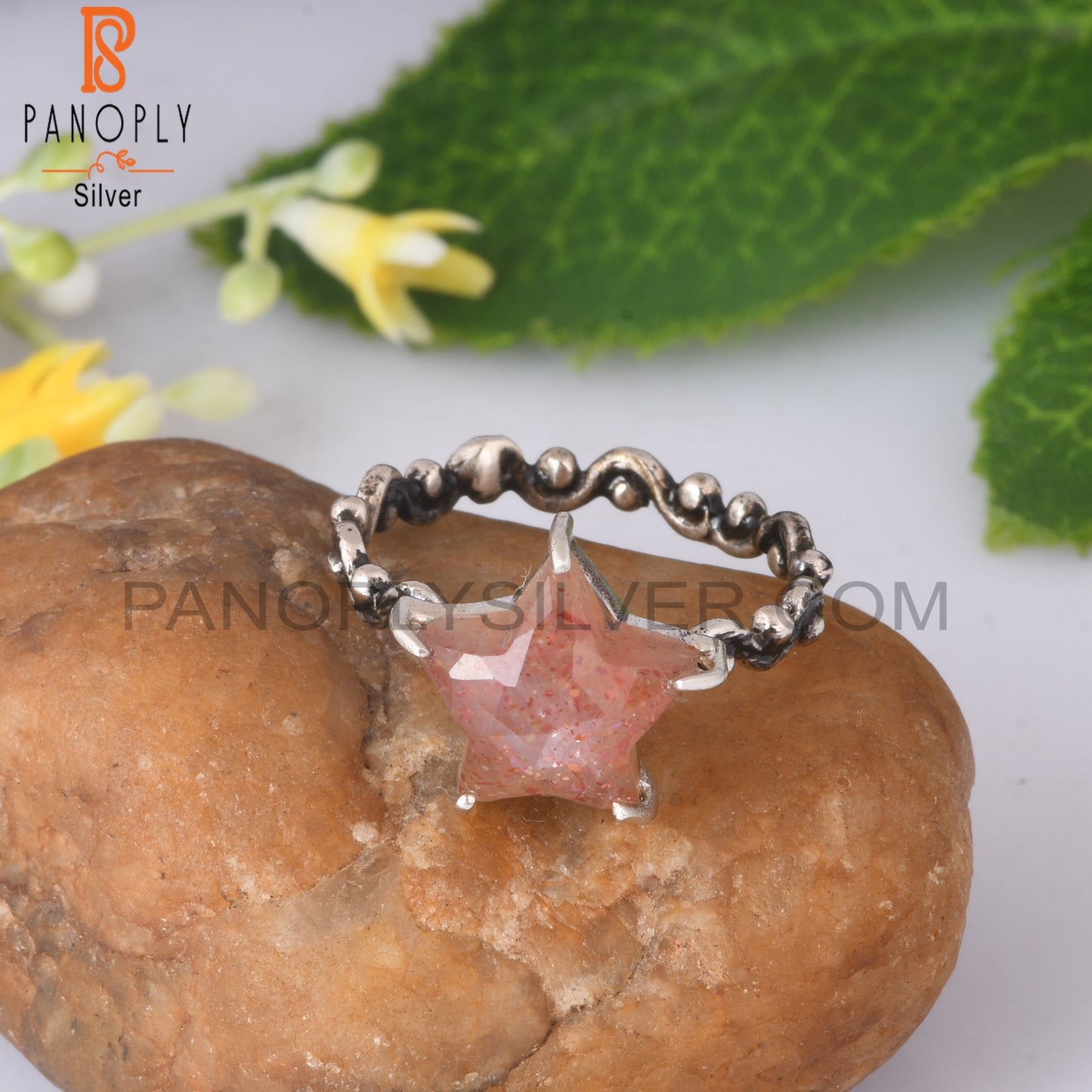 Sunstone Star Shape 925 Sterling Silver Twist Band Ring