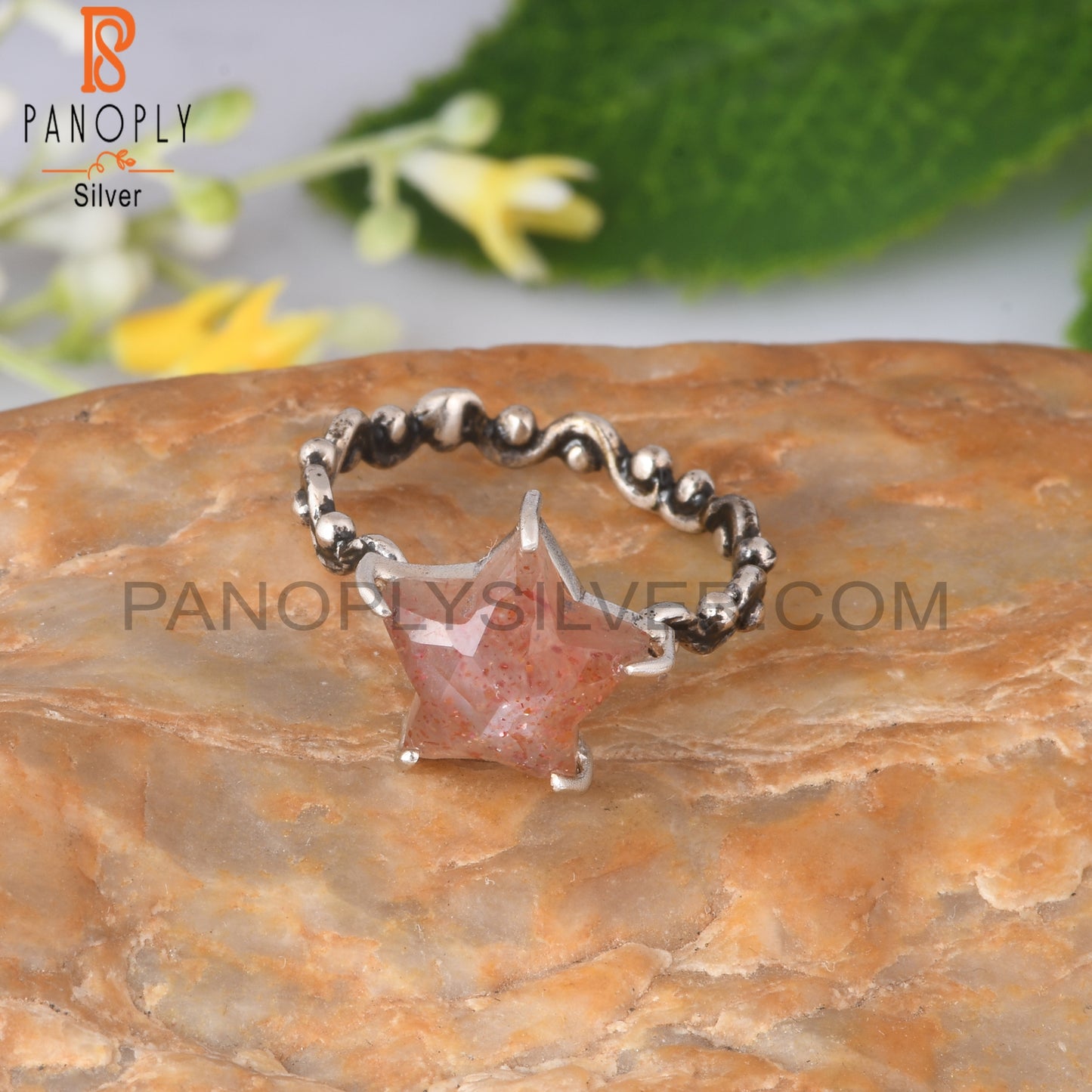 Sunstone Star Shape 925 Sterling Silver Twist Band Ring