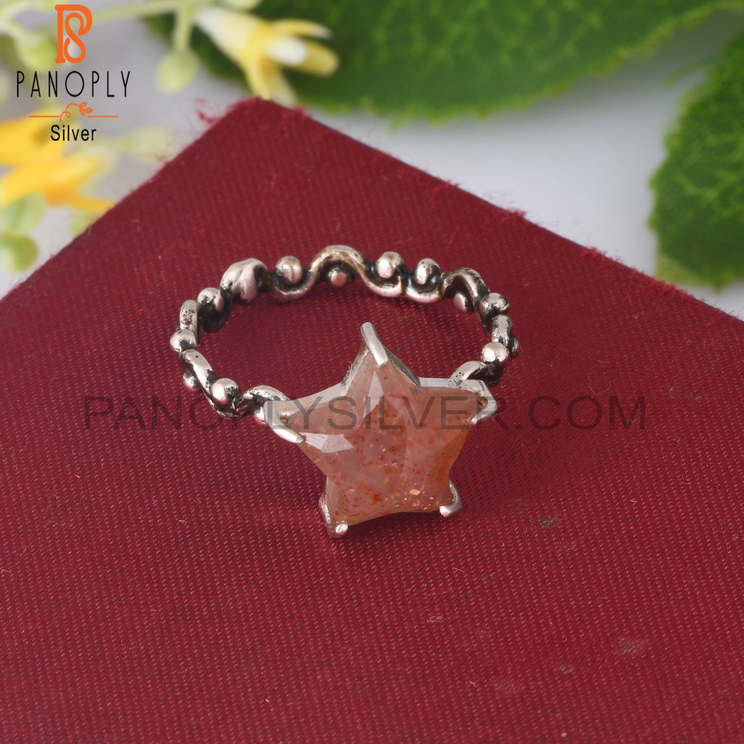 Sunstone Star Shape 925 Sterling Silver Twist Band Ring