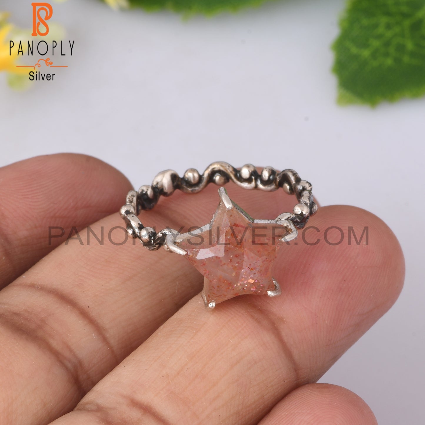 Sunstone Star Shape 925 Sterling Silver Twist Band Ring