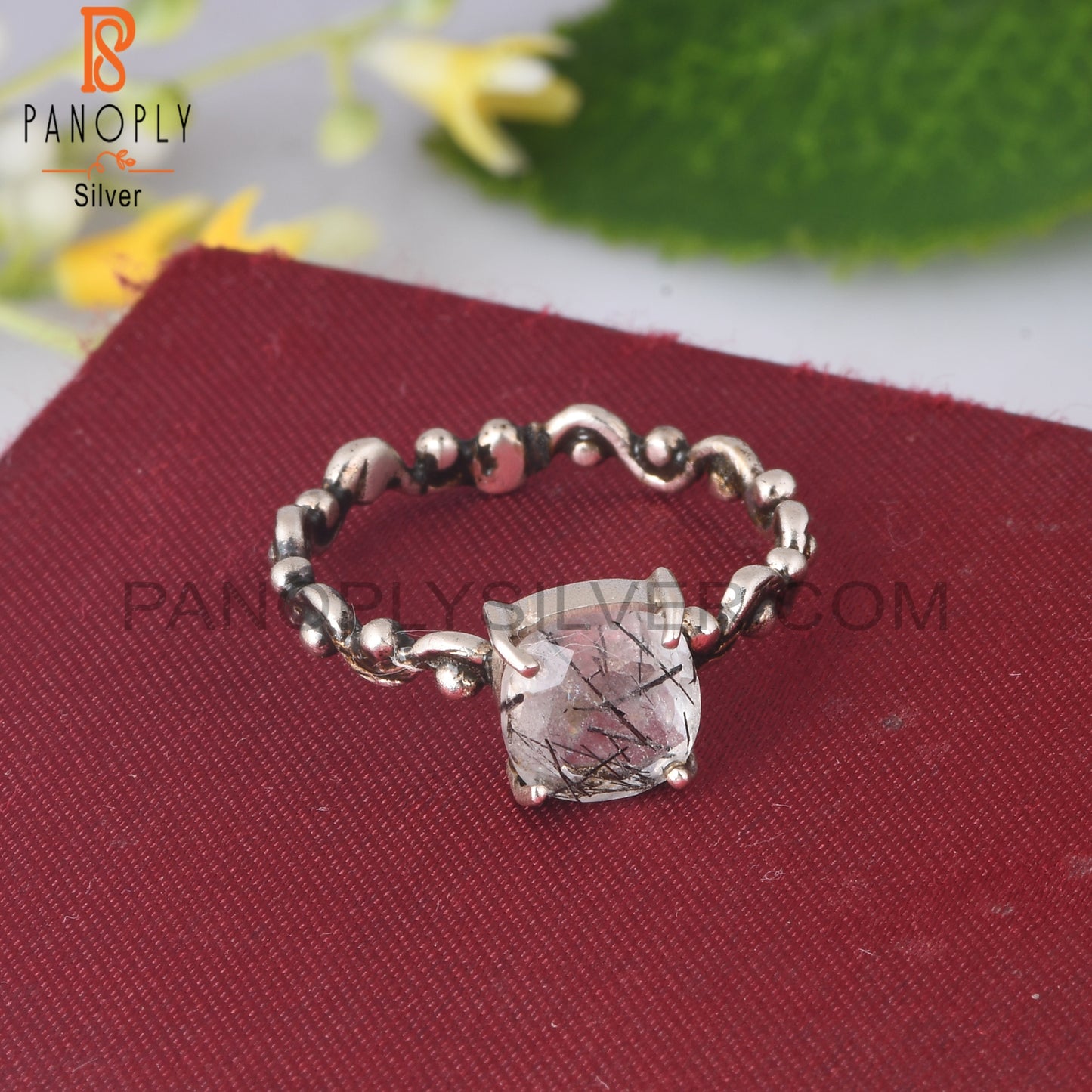Black Rutile Cushion Shape 925 Sterling Silver Ring