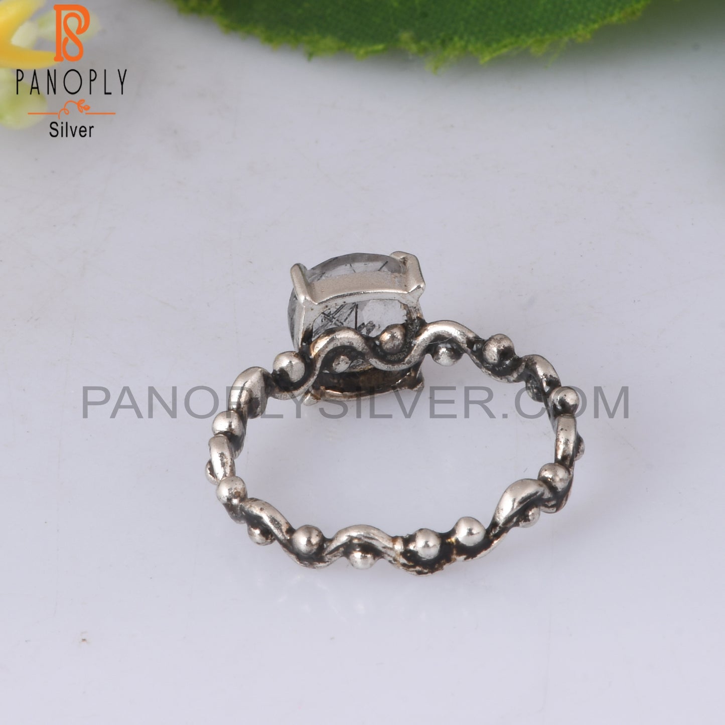Black Rutile Cushion Shape 925 Sterling Silver Ring