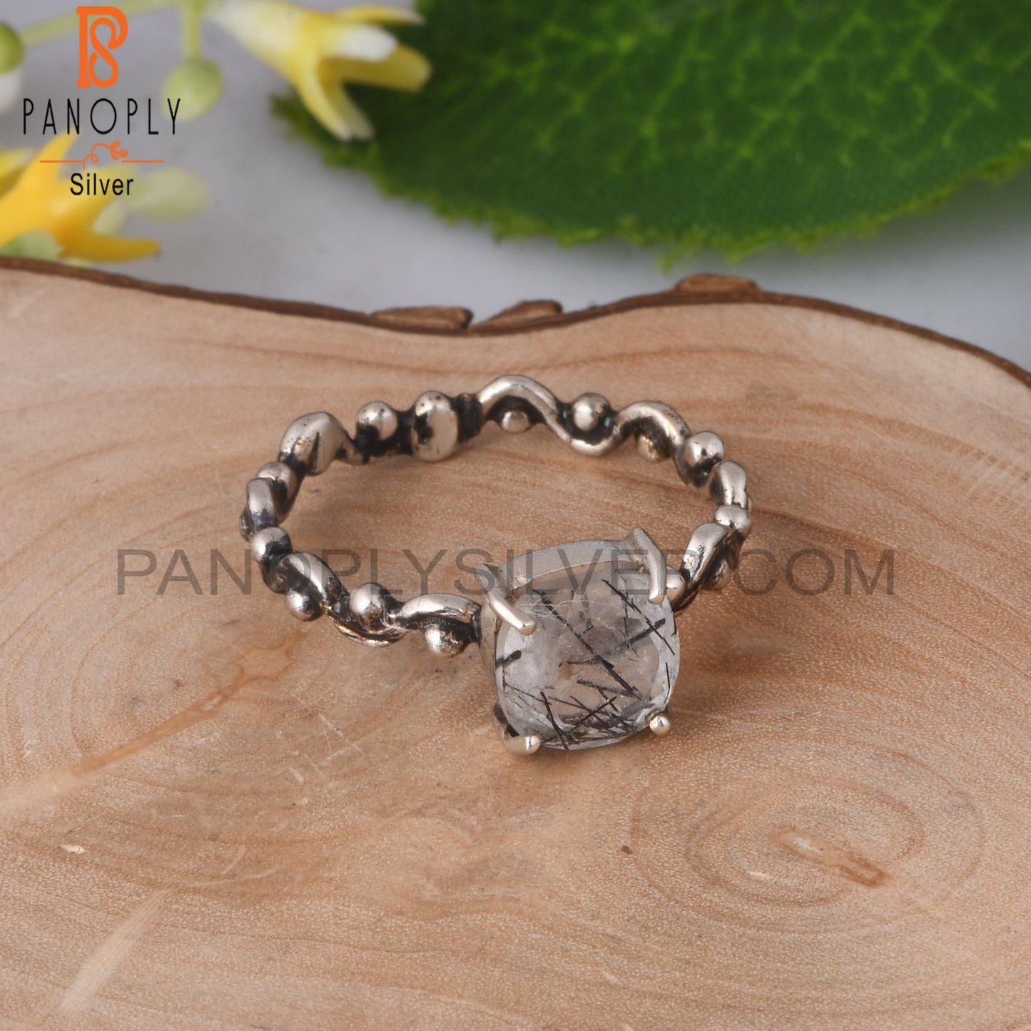 Black Rutile Cushion Shape 925 Sterling Silver Ring