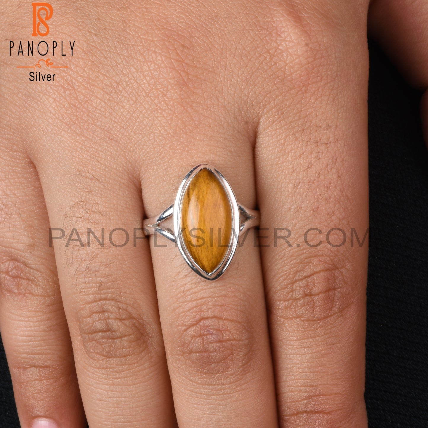 Tiger Eye Marquise 925 Sterling Silver Yellow Ring