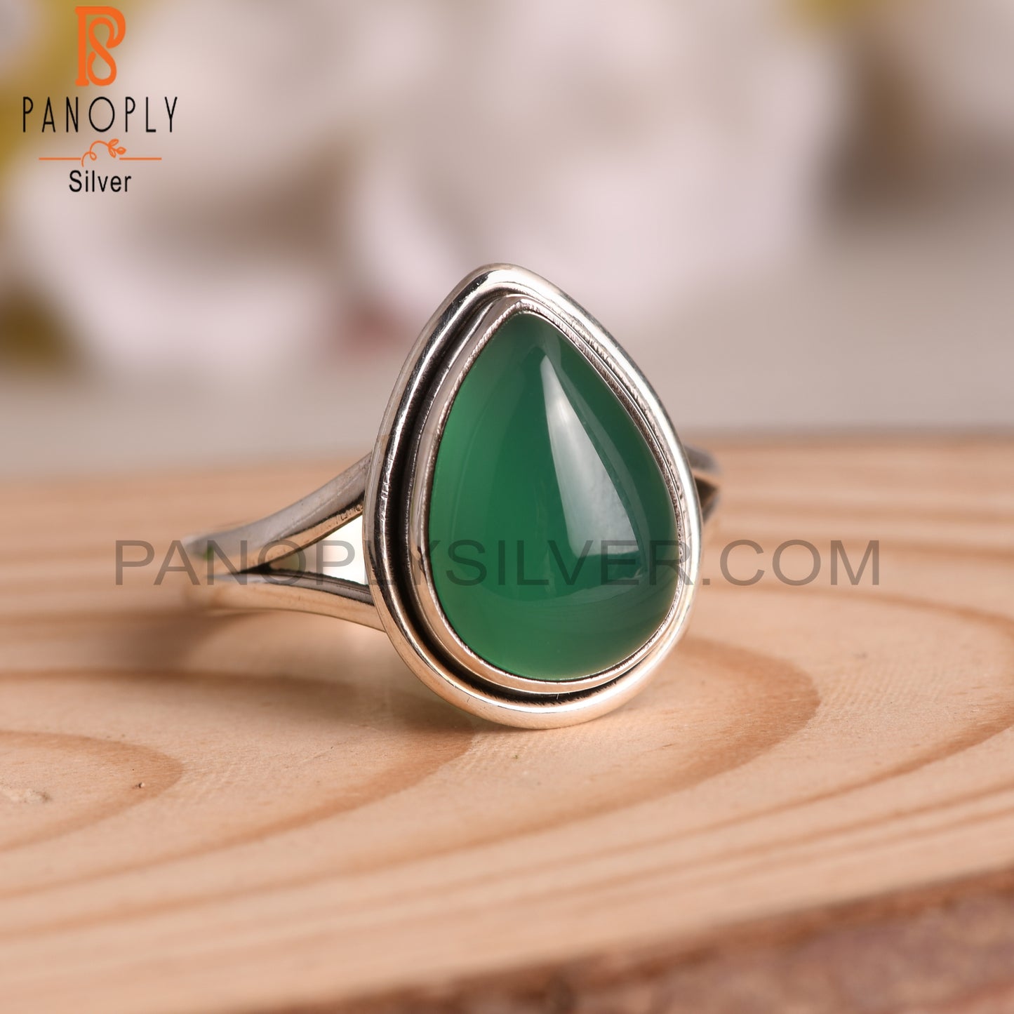 Green Onyx Pear 925 Sterling Silver Gemstone Ring