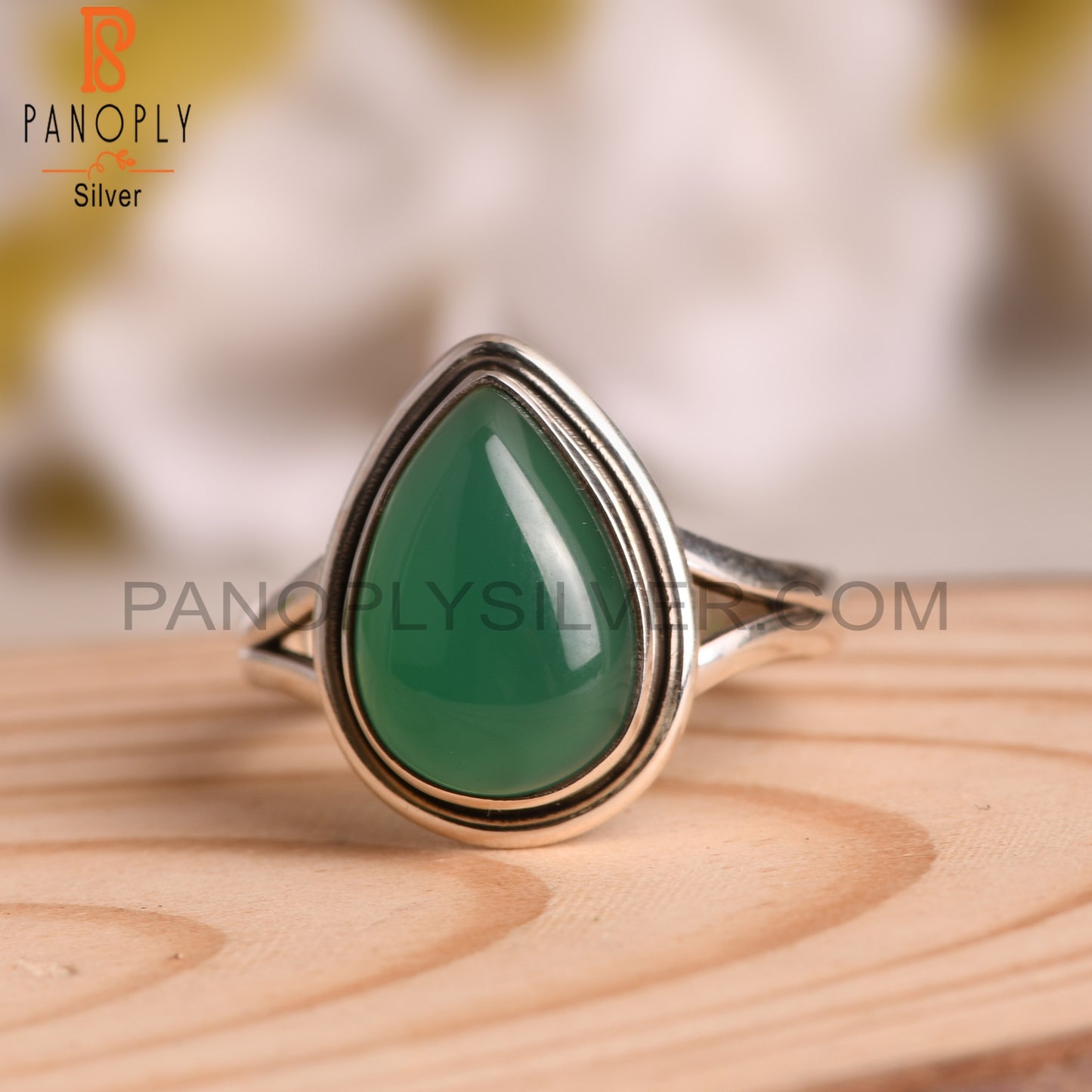 Green Onyx Pear 925 Sterling Silver Gemstone Ring