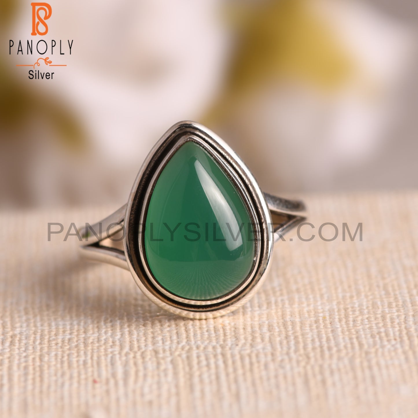 Green Onyx Pear 925 Sterling Silver Gemstone Ring