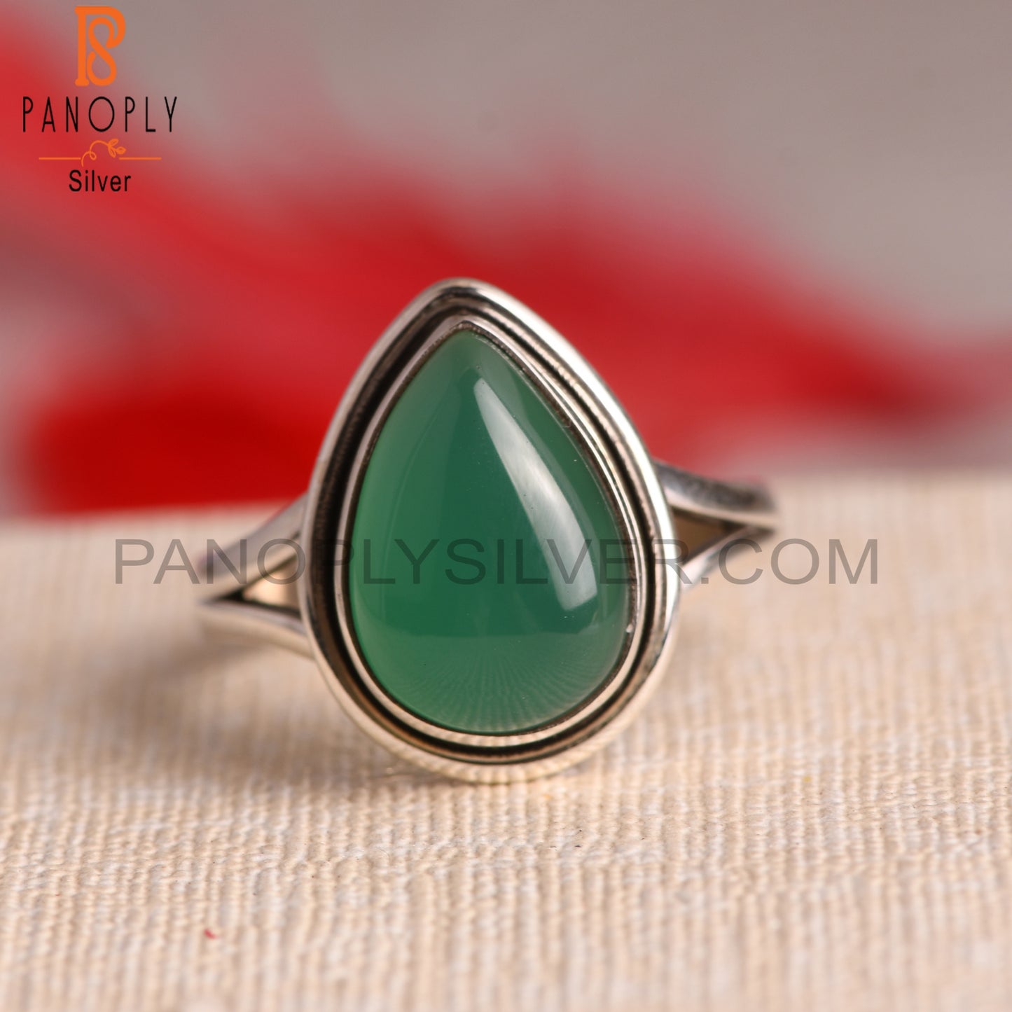 Green Onyx Pear 925 Sterling Silver Gemstone Ring