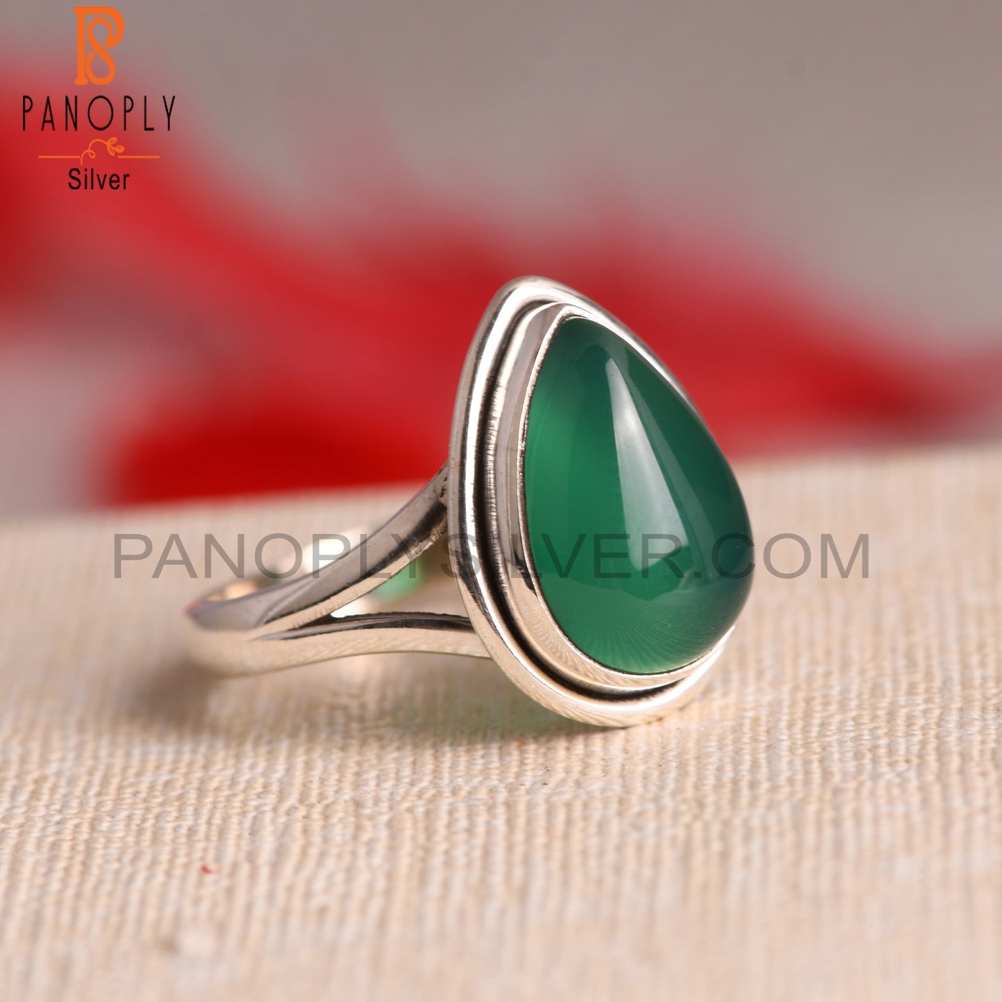 Green Onyx Pear 925 Sterling Silver Gemstone Ring