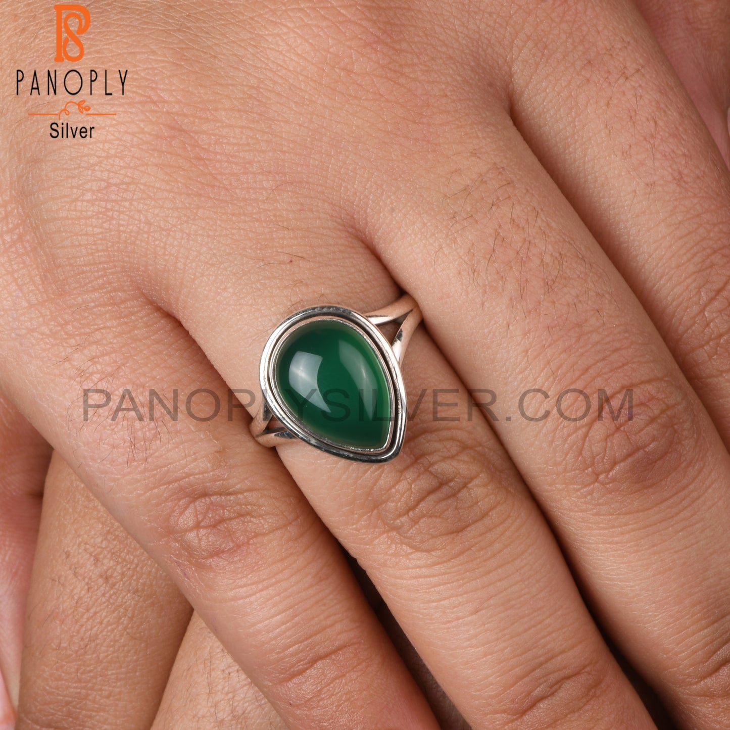 Green Onyx Pear 925 Sterling Silver Gemstone Ring