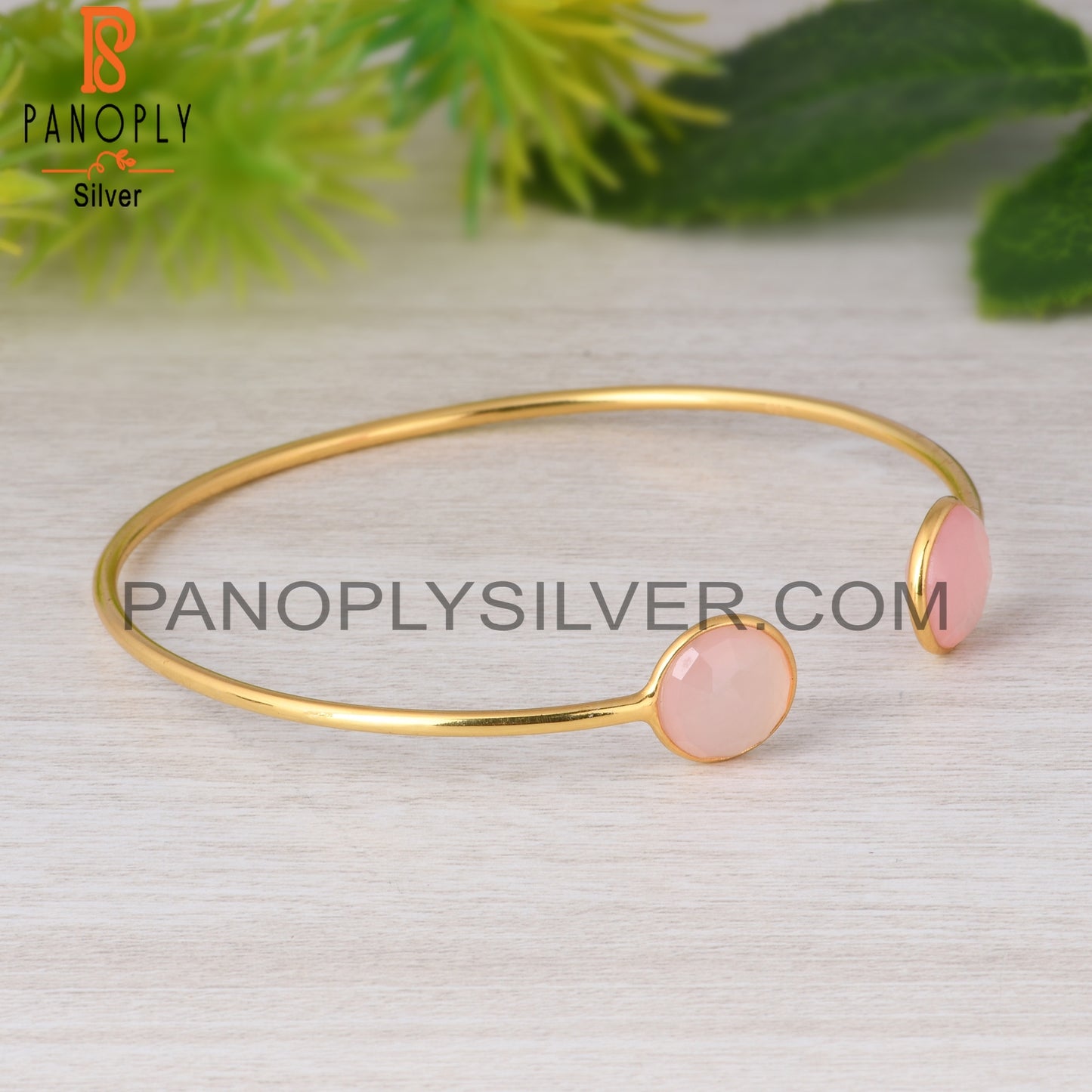 Rose Chalcedony Round 925 Sterling Silver Bangle