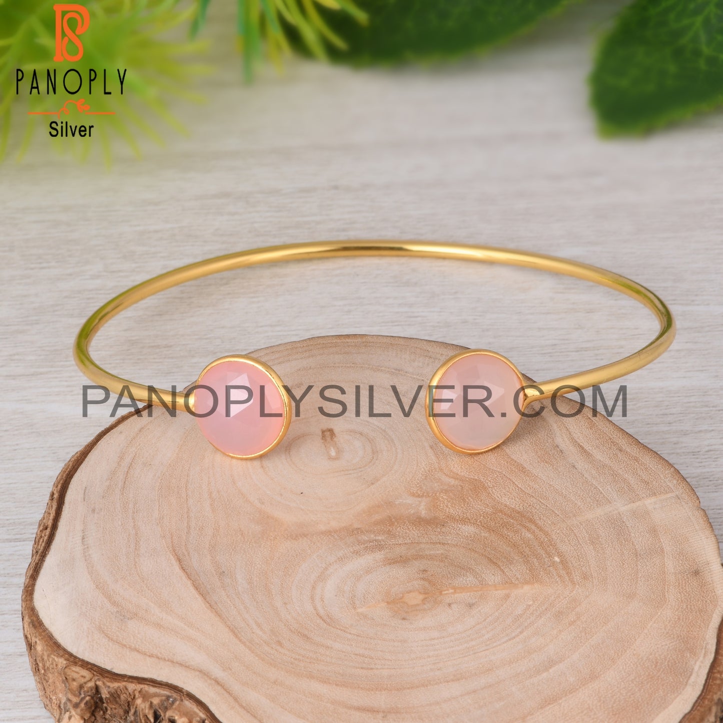 Rose Chalcedony Round 925 Sterling Silver Bangle