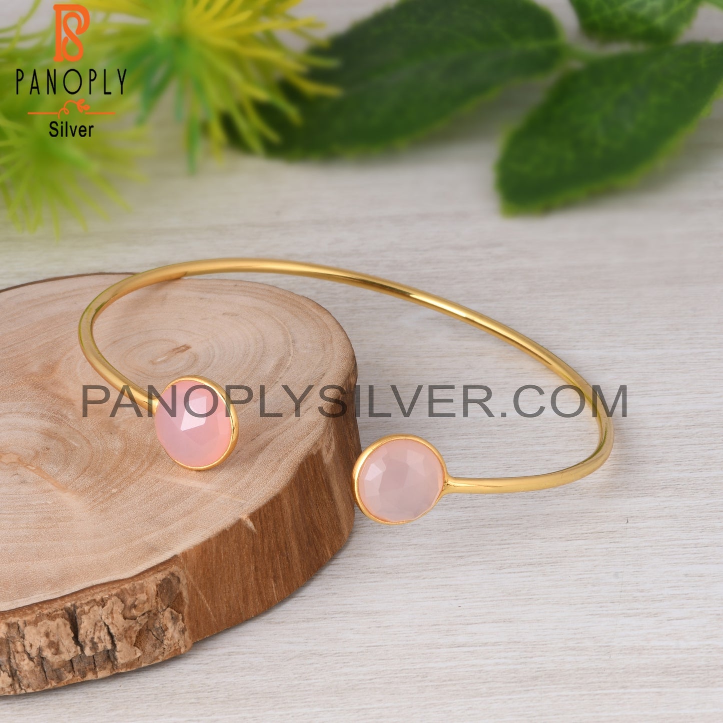 Rose Chalcedony Round 925 Sterling Silver Bangle