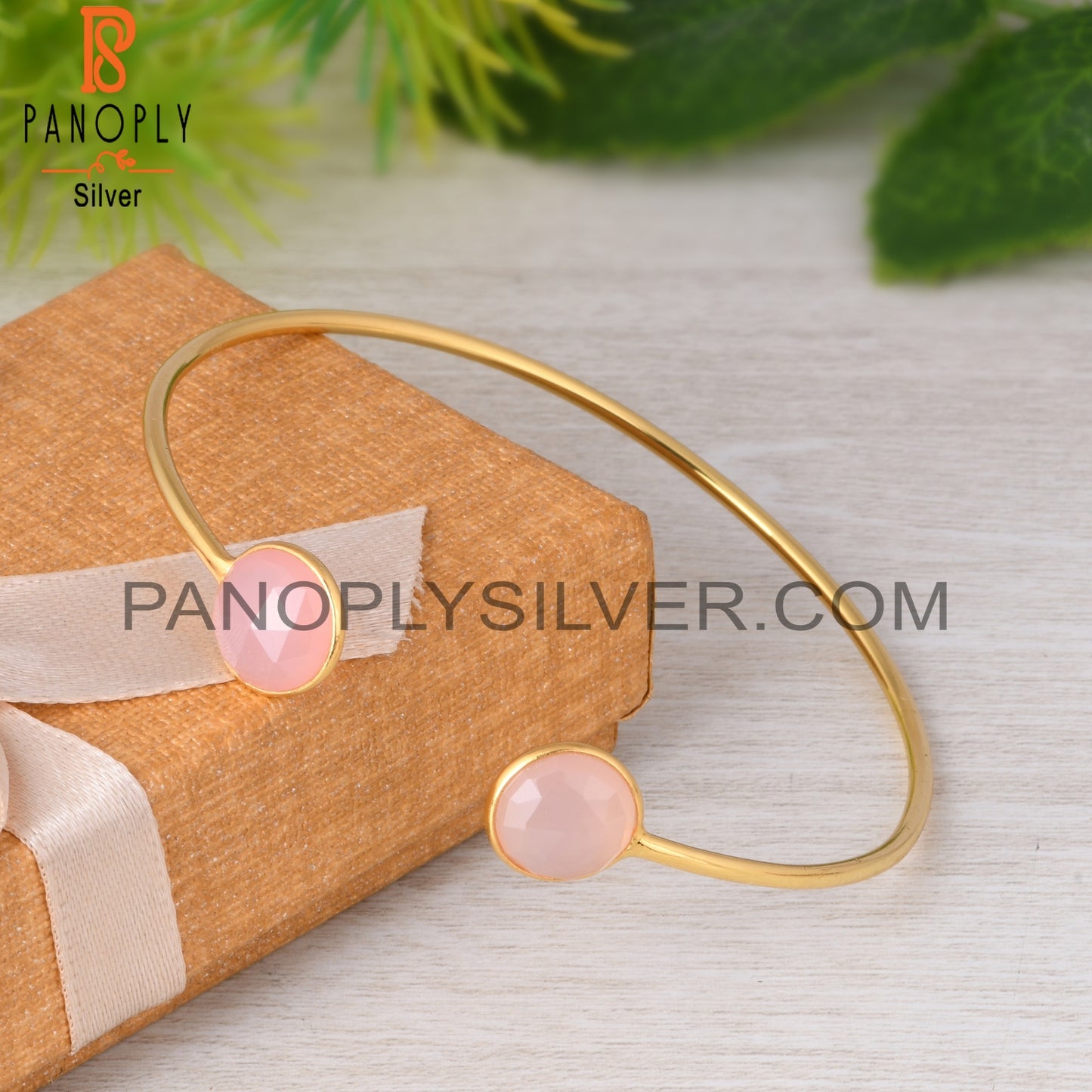 Rose Chalcedony Round 925 Sterling Silver Bangle