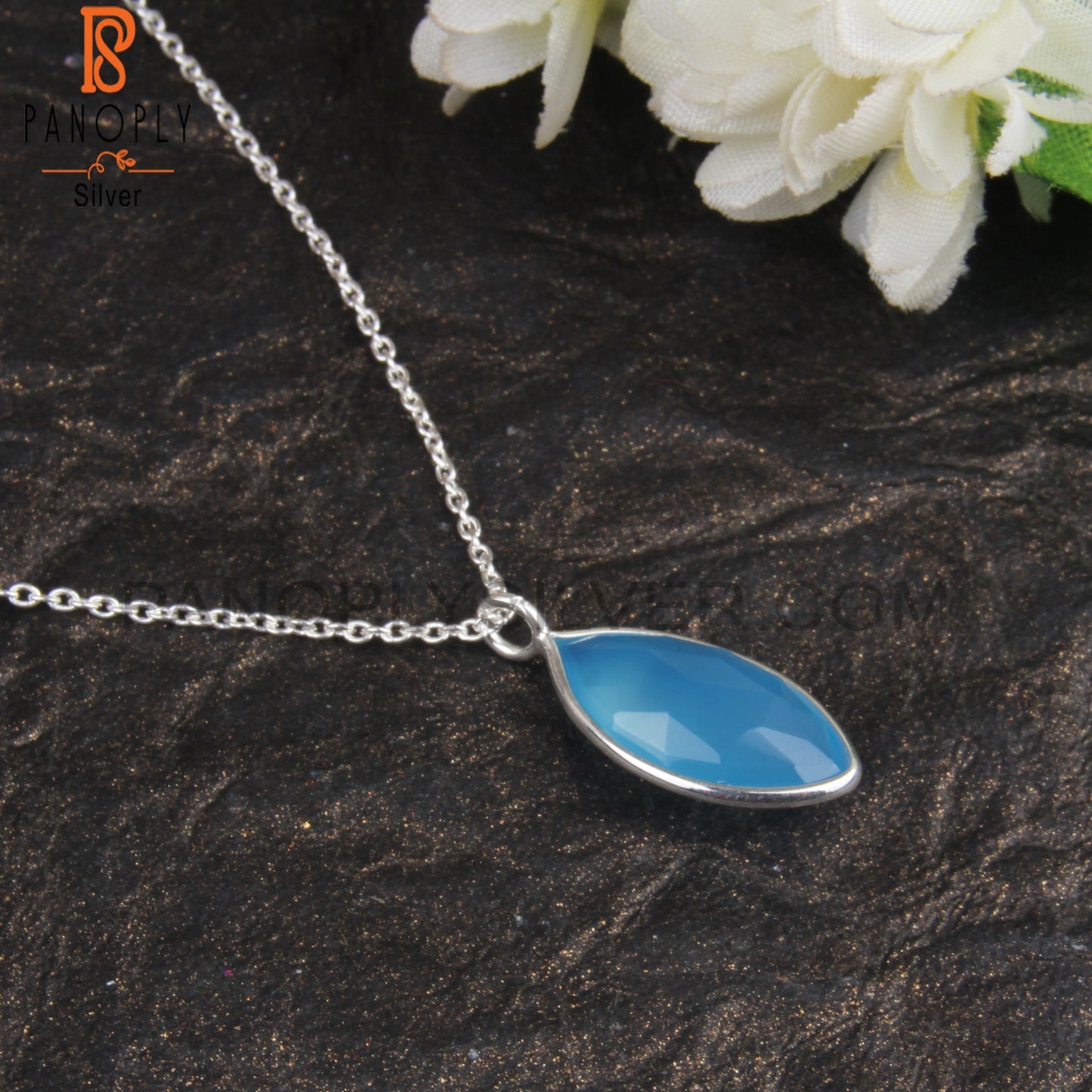 Blue Chalcedony Marquise Shape 925 Silver Pendant With Chain