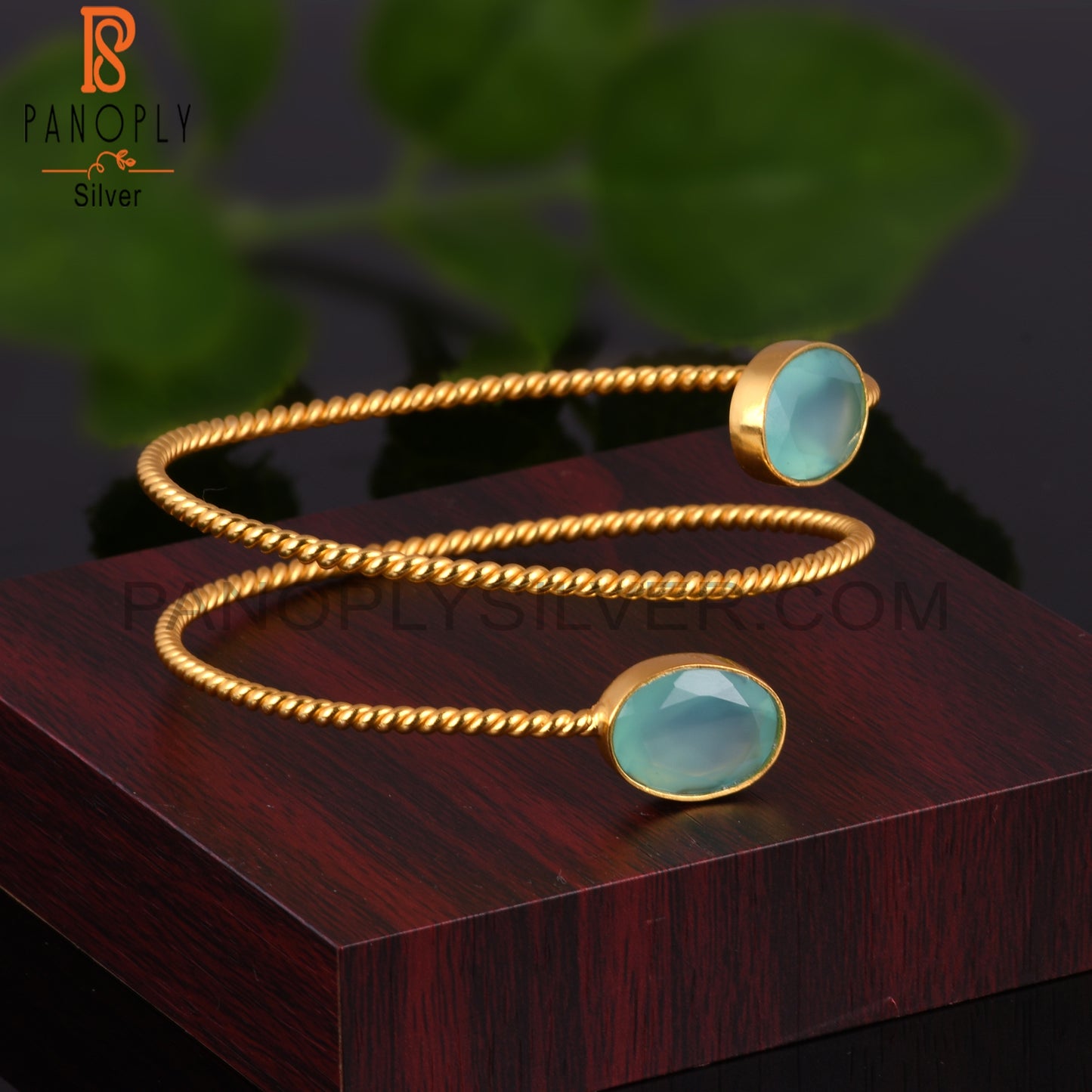 Aqua Chalcedony 14K Yellow Gold Plated Adjustable Bangle