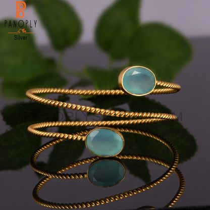 Aqua Chalcedony 14K Yellow Gold Plated Adjustable Bangle