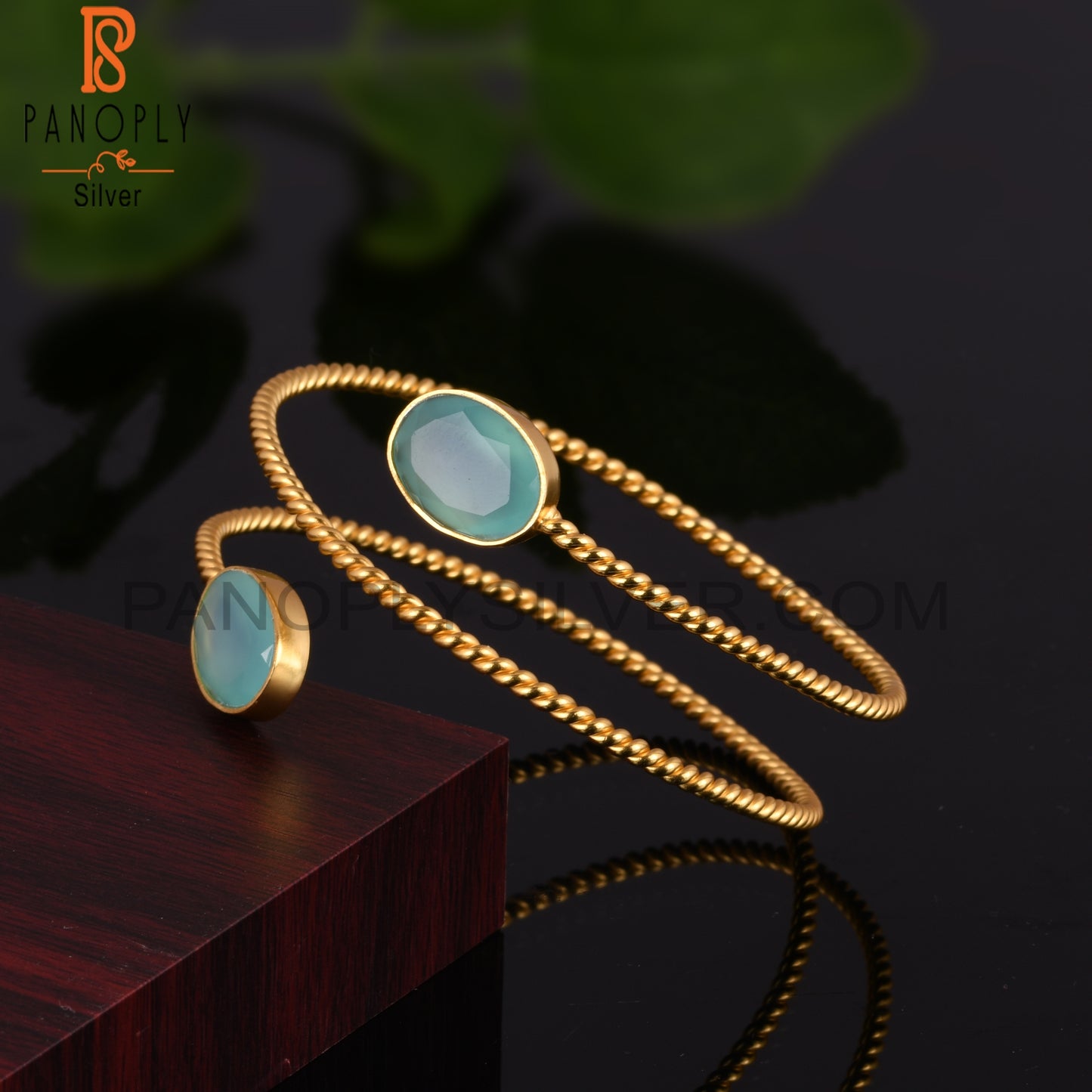 Aqua Chalcedony 14K Yellow Gold Plated Adjustable Bangle