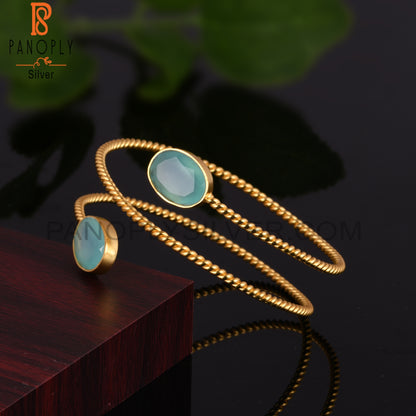 Aqua Chalcedony 14K Yellow Gold Plated Adjustable Bangle