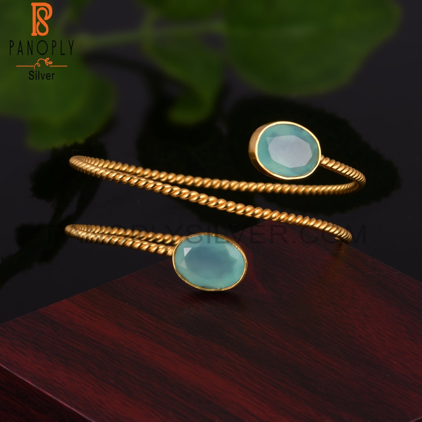 Aqua Chalcedony 14K Yellow Gold Plated Adjustable Bangle