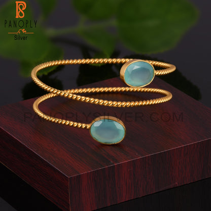 Aqua Chalcedony 14K Yellow Gold Plated Adjustable Bangle