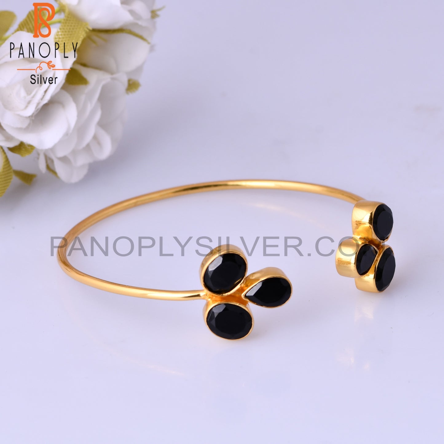 Black Onyx Sleek Band 14K Yellow Gold Plated Cuff Bangle