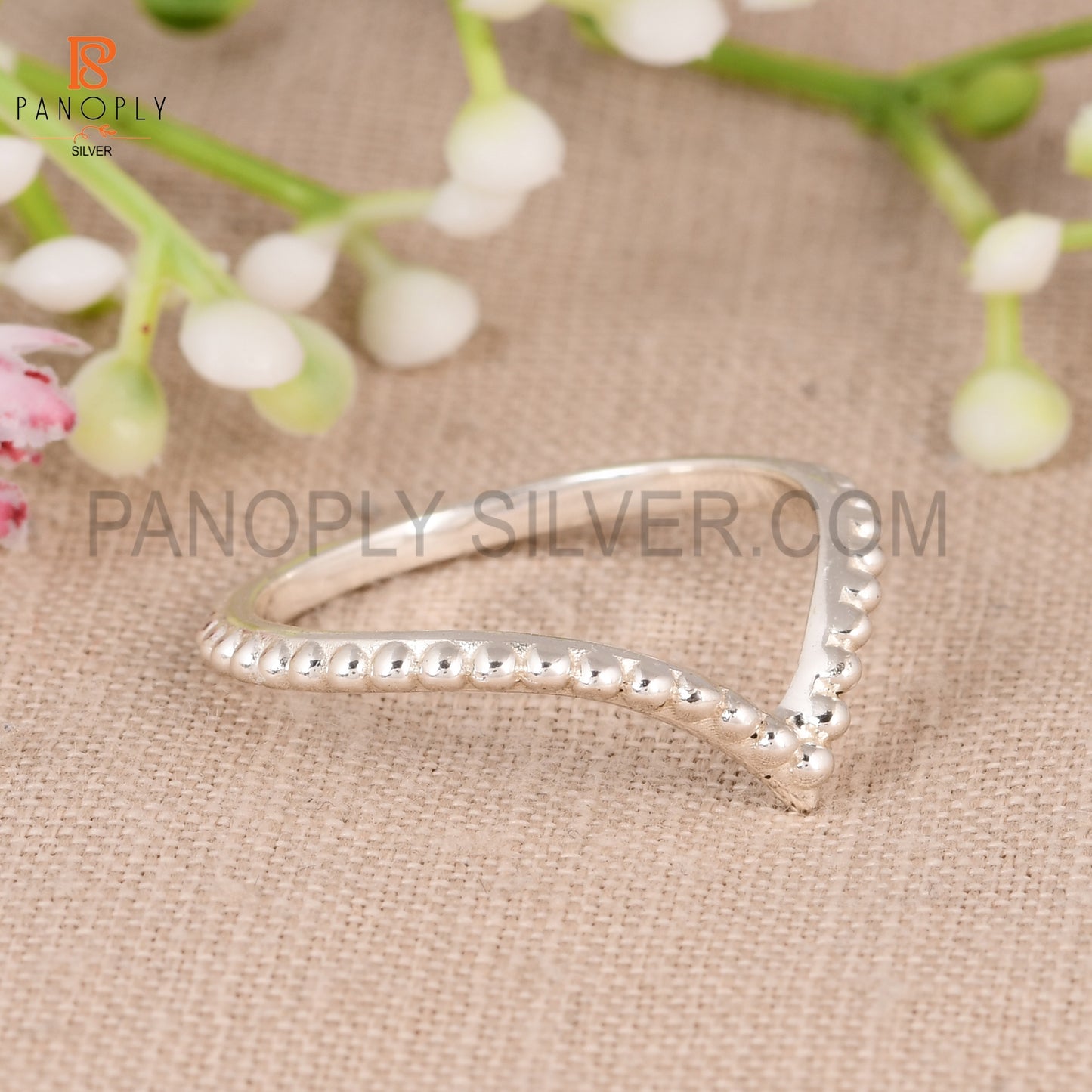 925 Sterling Silver Beaded Chevron Ring - Gift for Her V-Shape Stackable Band Rings