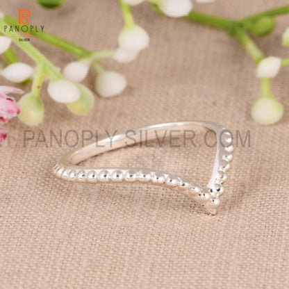 925 Sterling Silver Beaded Chevron Ring - Gift for Her V-Shape Stackable Band Rings