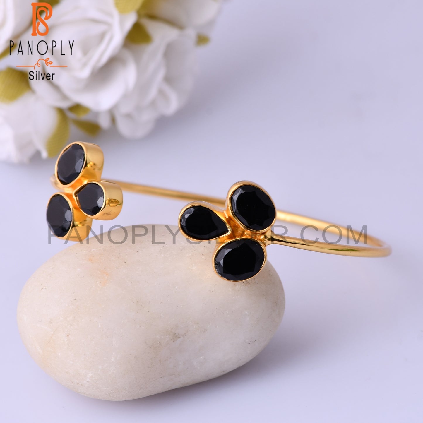 Black Onyx Sleek Band 14K Yellow Gold Plated Cuff Bangle