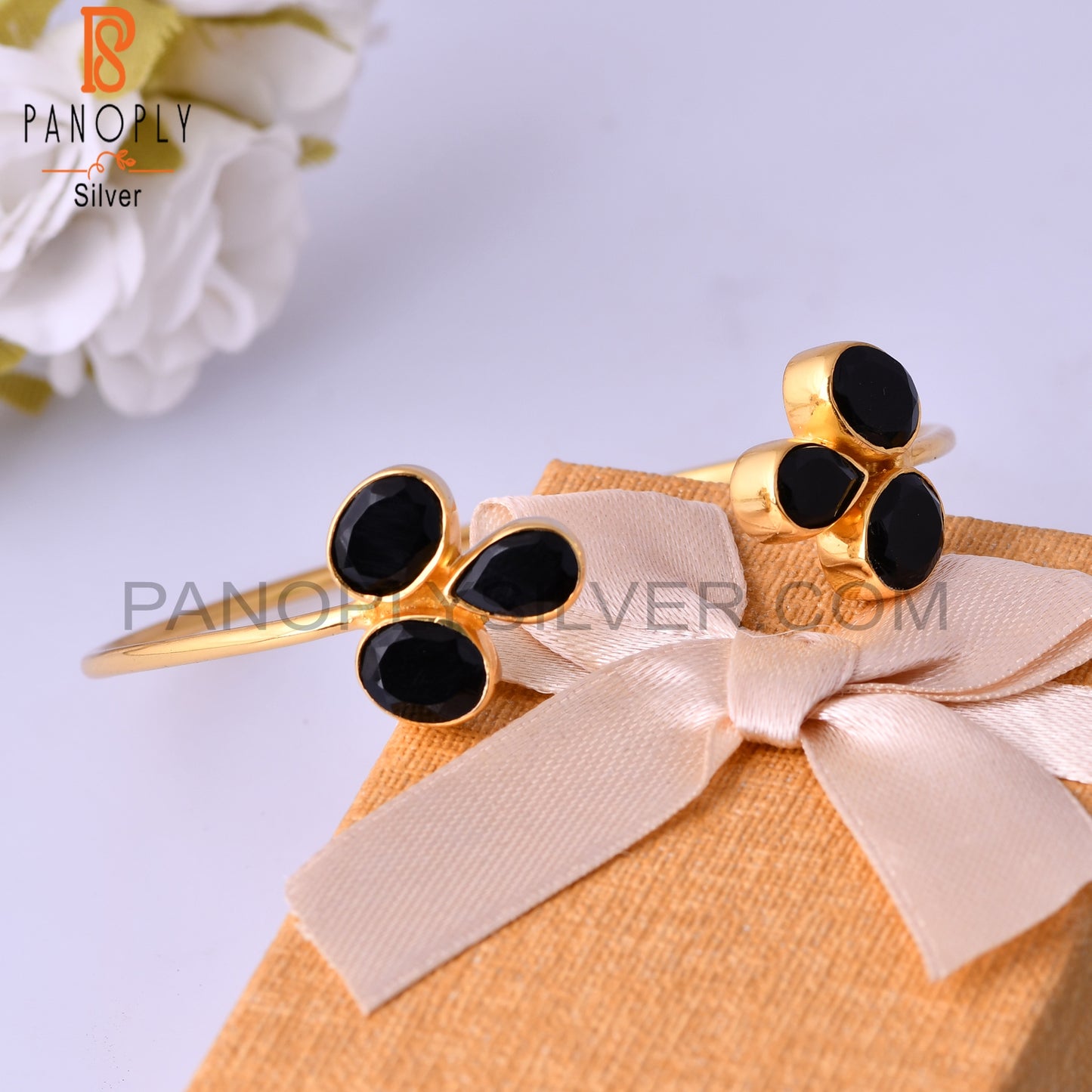 Black Onyx Sleek Band 14K Yellow Gold Plated Cuff Bangle