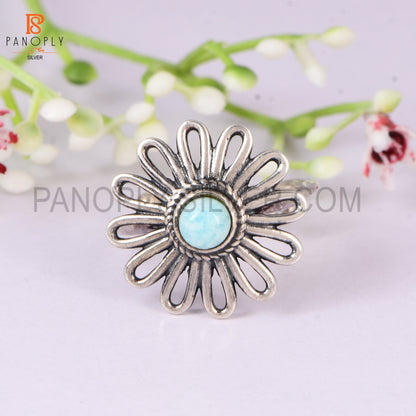 925 Sterling Silver Amazonite Wedding Ring for Women Adjustable | Floral Cabochon Gemstone Ring