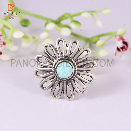 925 Sterling Silver Amazonite Wedding Ring for Women Adjustable | Floral Cabochon Gemstone Ring