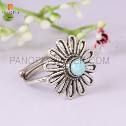 925 Sterling Silver Amazonite Wedding Ring for Women Adjustable | Floral Cabochon Gemstone Ring