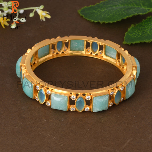Amazonite & Blue Chalcedony Designer 18K Gold Plated Bangles