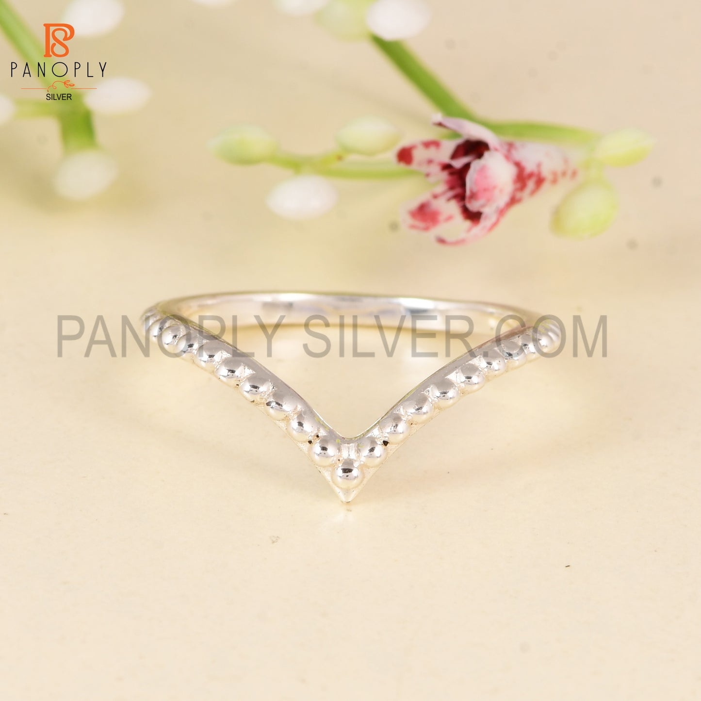 925 Sterling Silver Beaded Chevron Ring - Gift for Her V-Shape Stackable Band Rings