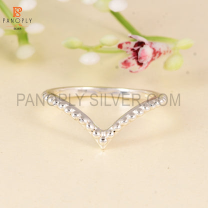 925 Sterling Silver Beaded Chevron Ring - Gift for Her V-Shape Stackable Band Rings
