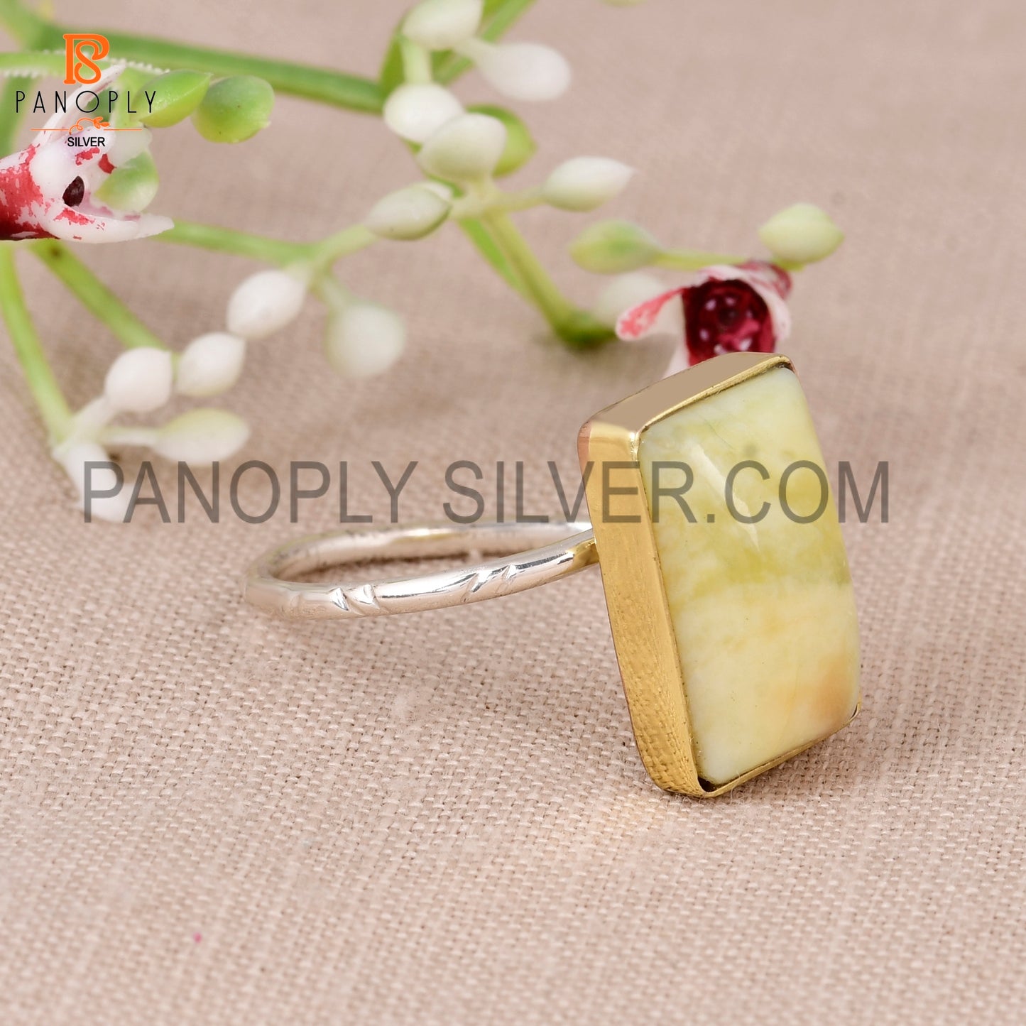 925 Sterling Silver Yellow Opal Adjustable Ring for Women