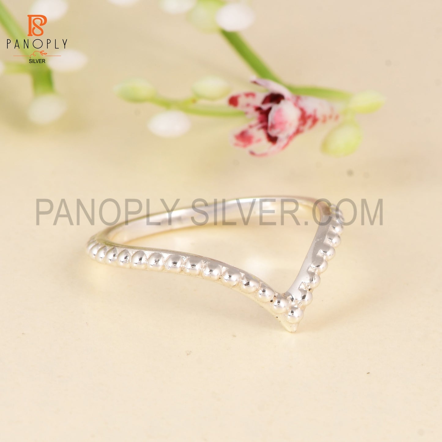 925 Sterling Silver Beaded Chevron Ring - Gift for Her V-Shape Stackable Band Rings