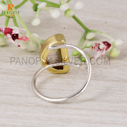 925 Sterling Silver Sun Stone Golden Stone Adjustable Ring for Women D Shape Ring