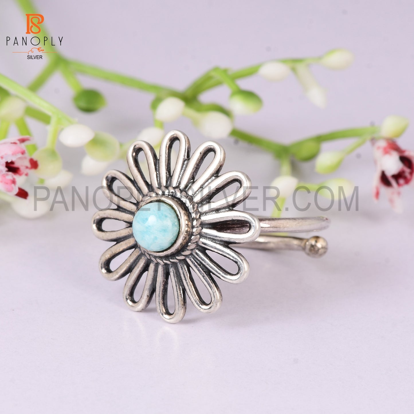 925 Sterling Silver Amazonite Wedding Ring for Women Adjustable | Floral Cabochon Gemstone Ring