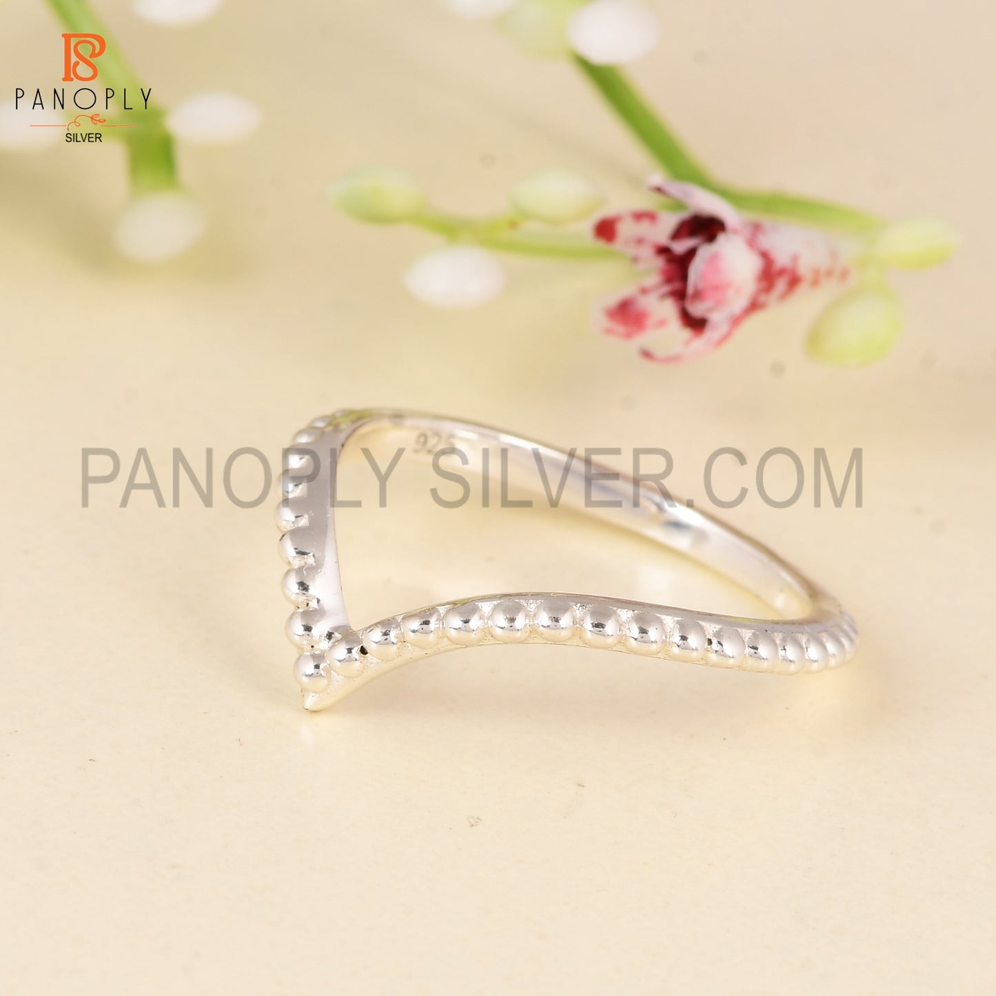 925 Sterling Silver Beaded Chevron Ring - Gift for Her V-Shape Stackable Band Rings