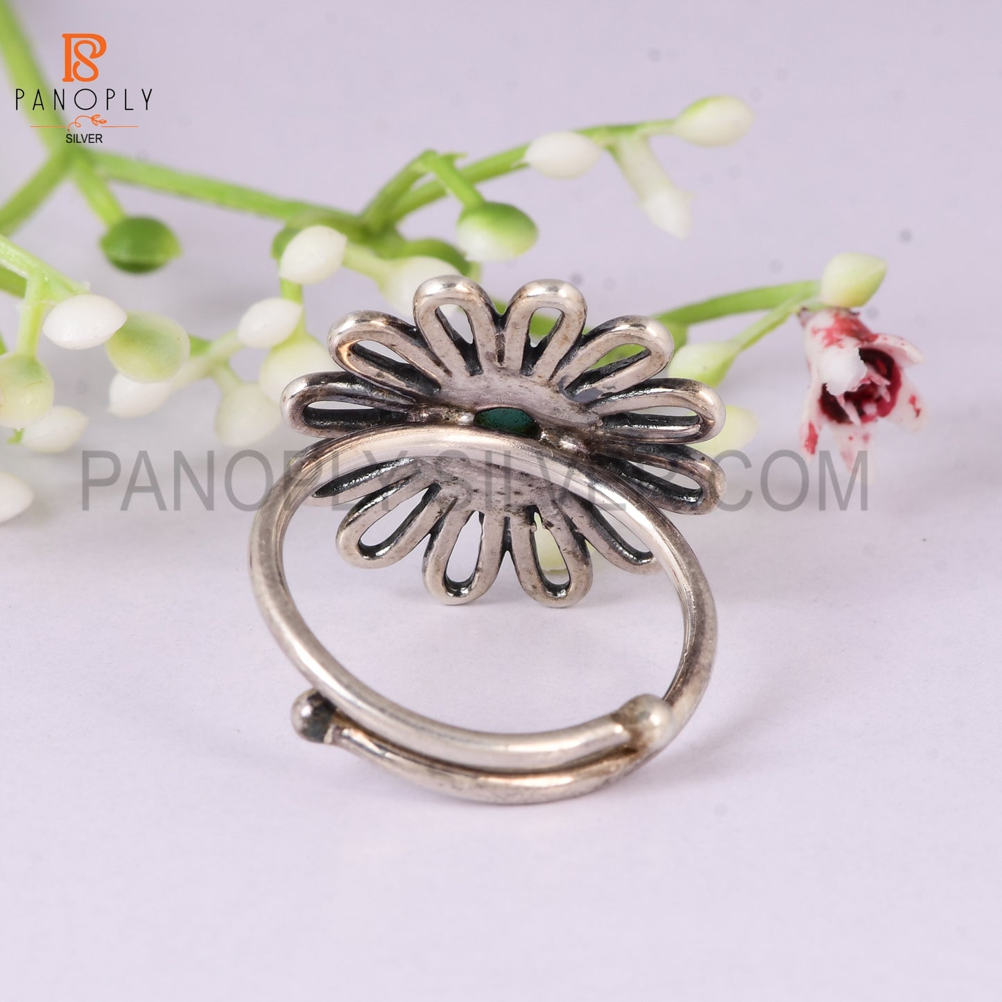 925 Sterling Silver Amazonite Wedding Ring for Women Adjustable | Floral Cabochon Gemstone Ring