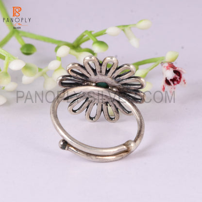 925 Sterling Silver Amazonite Wedding Ring for Women Adjustable | Floral Cabochon Gemstone Ring