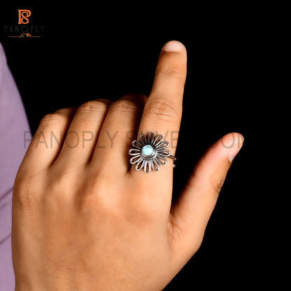 925 Sterling Silver Amazonite Wedding Ring for Women Adjustable | Floral Cabochon Gemstone Ring