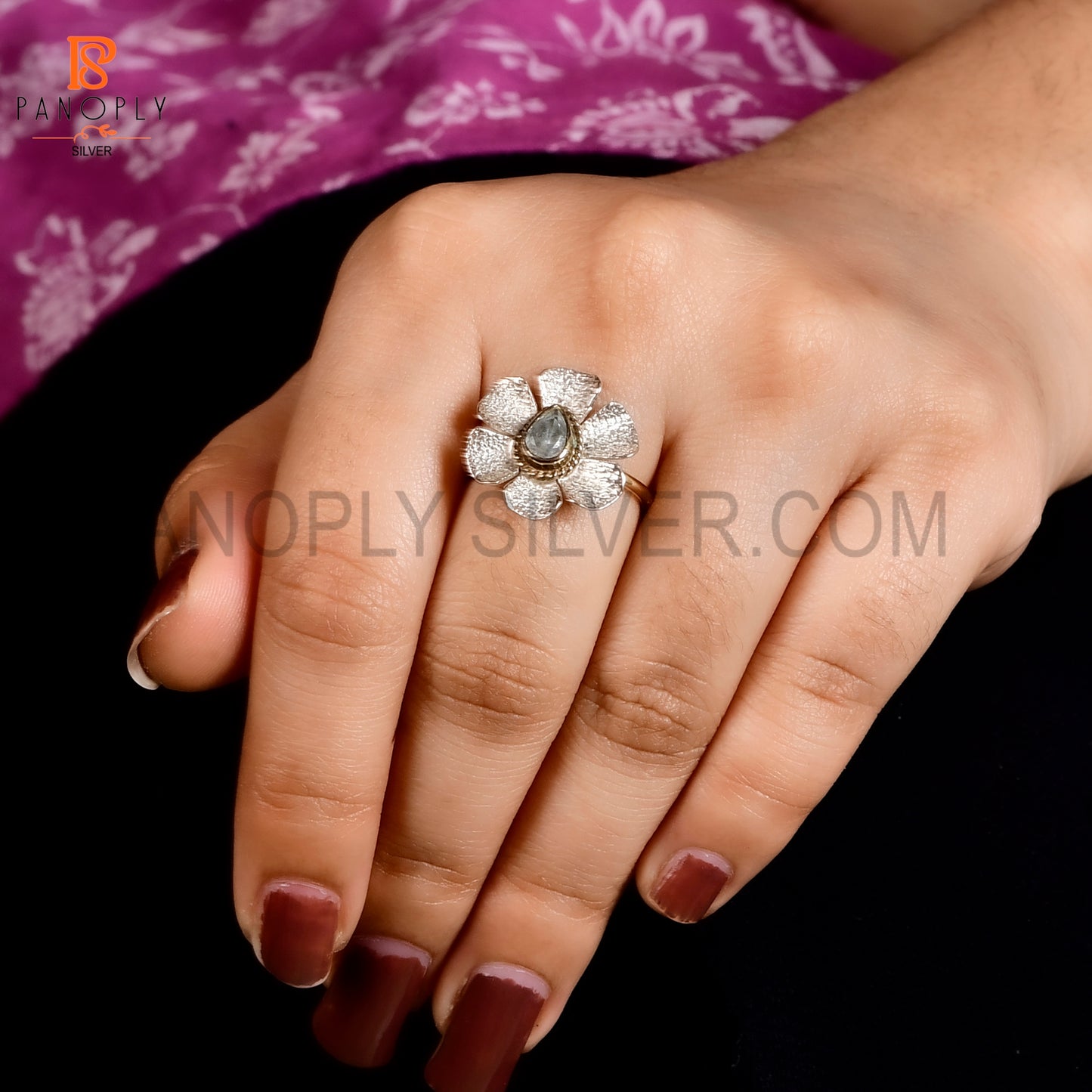 925 Sterling Silver Dual Tone Blue Topaz Stone Flower Ring for Women