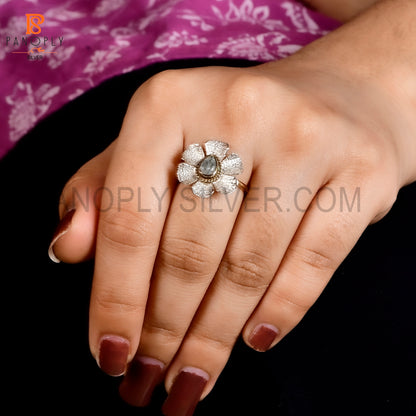 925 Sterling Silver Dual Tone Blue Topaz Stone Flower Ring for Women